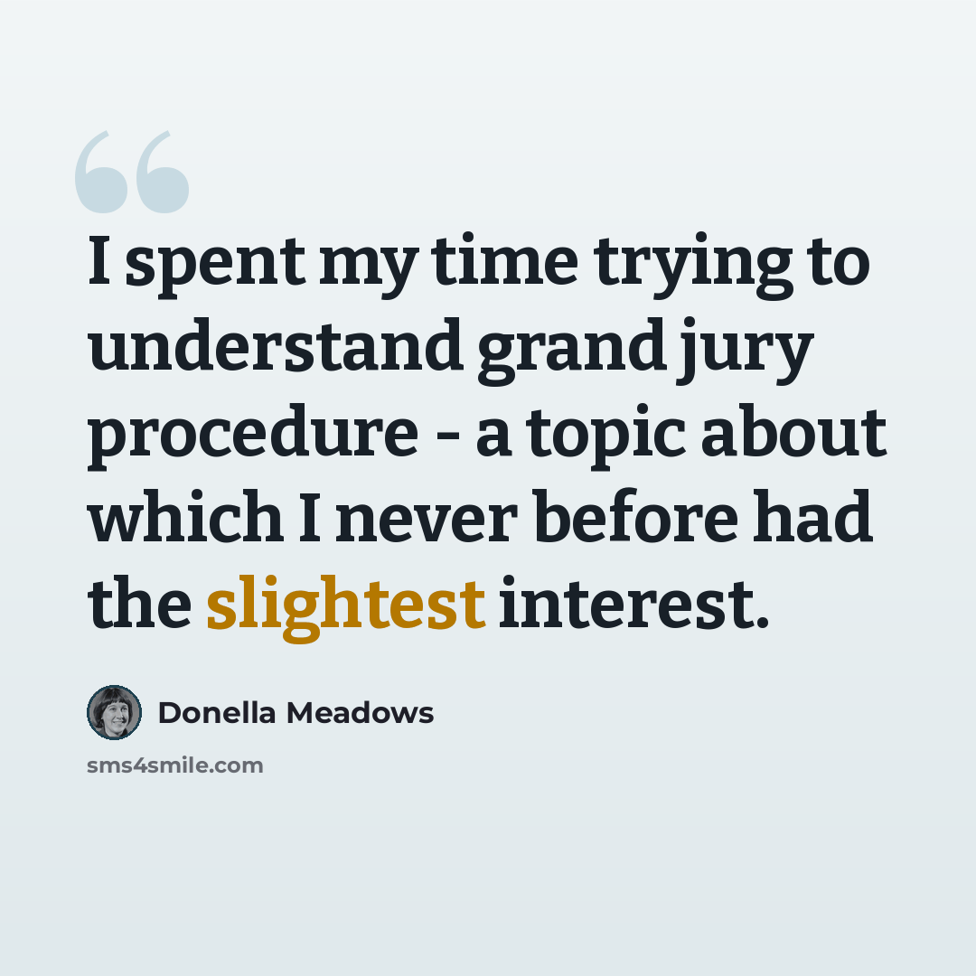 “I spent my time trying to understand grand jury procedure - a topic about which I never before had the slightest interest.” quote by Donella Meadows
