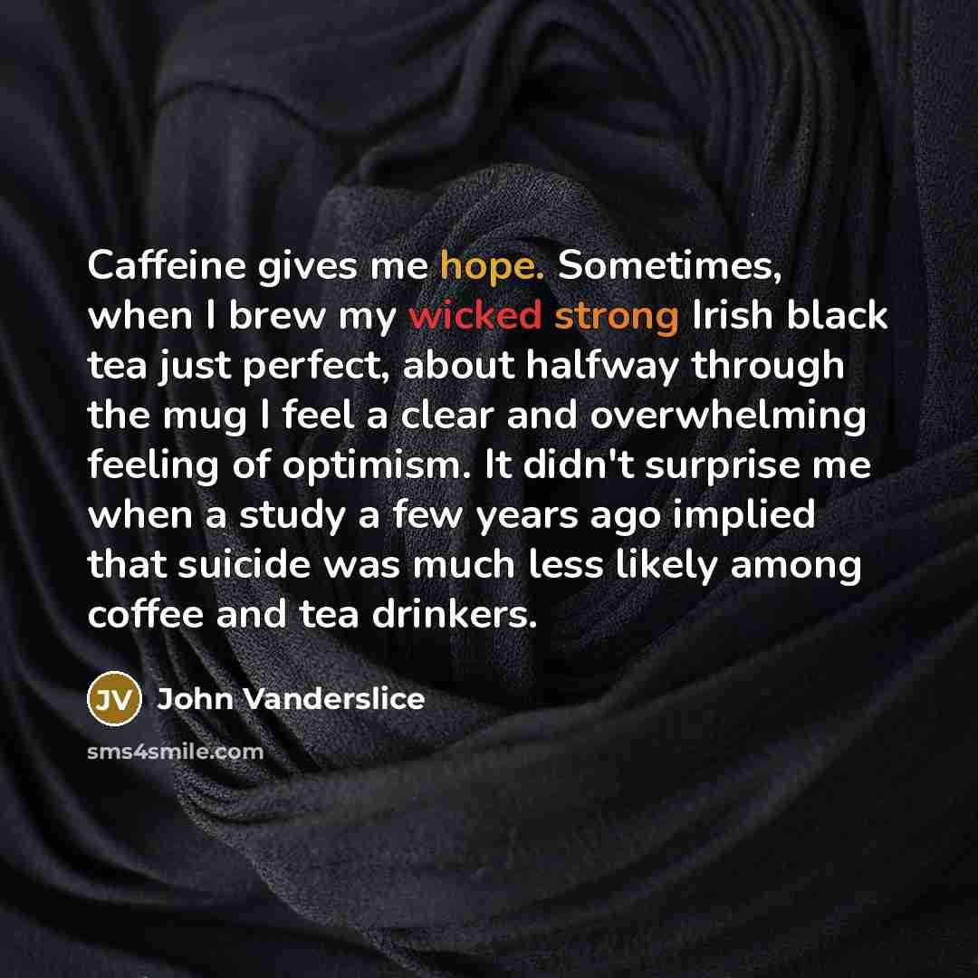 “Caffeine gives me hope. Sometimes, when I brew my wicked strong Irish black tea just perfect, about halfway through the mug I feel a clear and overwhelming feeling of optimism. It didn't surprise me when a study a few years ago implied that suicide was much less likely among coffee and tea drinkers.” quote by John Vanderslice