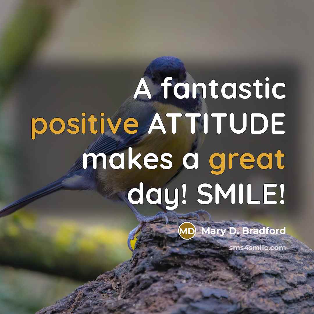 “A fantastic positive ATTITUDE makes a great day! SMILE!” quote by Mary D. Bradford