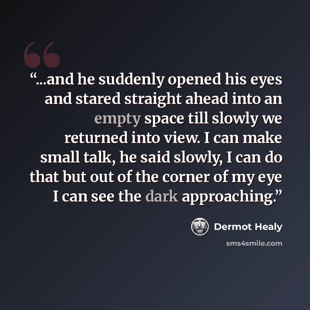 “...and he suddenly opened his eyes and stared straight ahead into an empty space till slowly we returned into view. I can make small talk, he said slowly, I can do that but out of the corner of my eye I can see the dark approaching.” quote by Dermot Healy