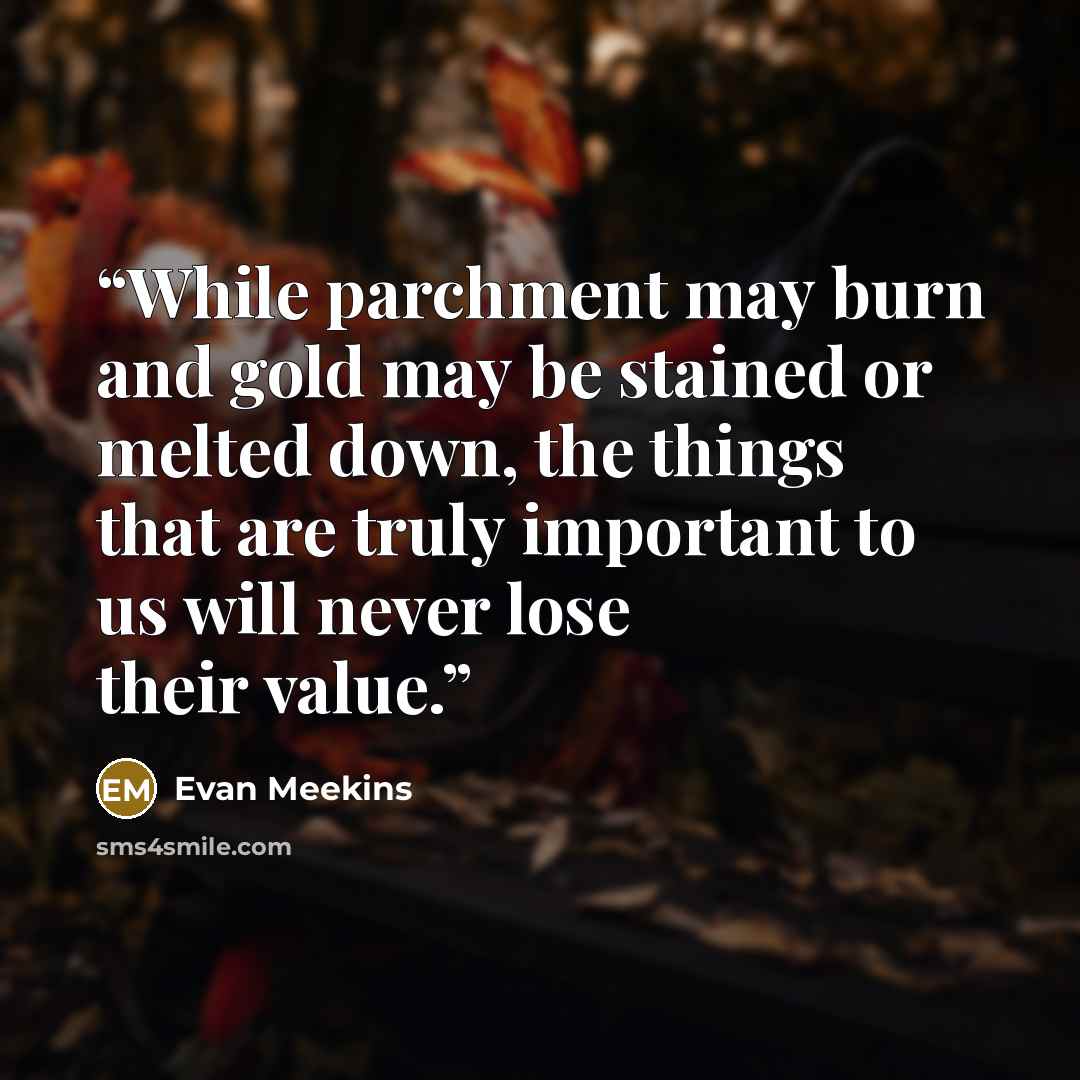 “While parchment may burn and gold may be stained or melted down, the things that are truly important to us will never lose their value.” quote by Evan Meekins