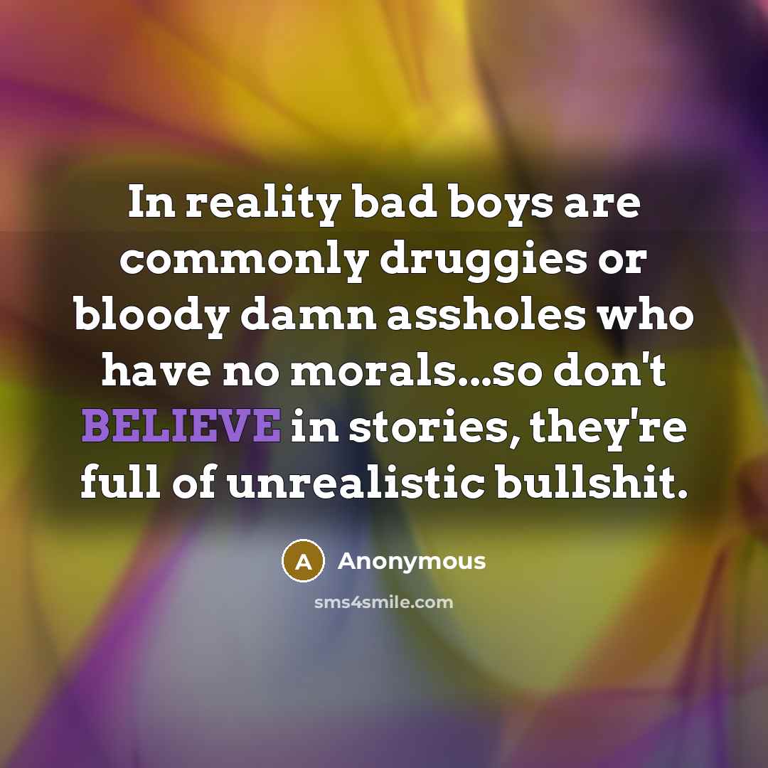 “In reality bad boys are commonly druggies or bloody damn assholes who have no morals...so don't BELIEVE in stories, they're full of unrealistic bullshit.” quote by Anonymous