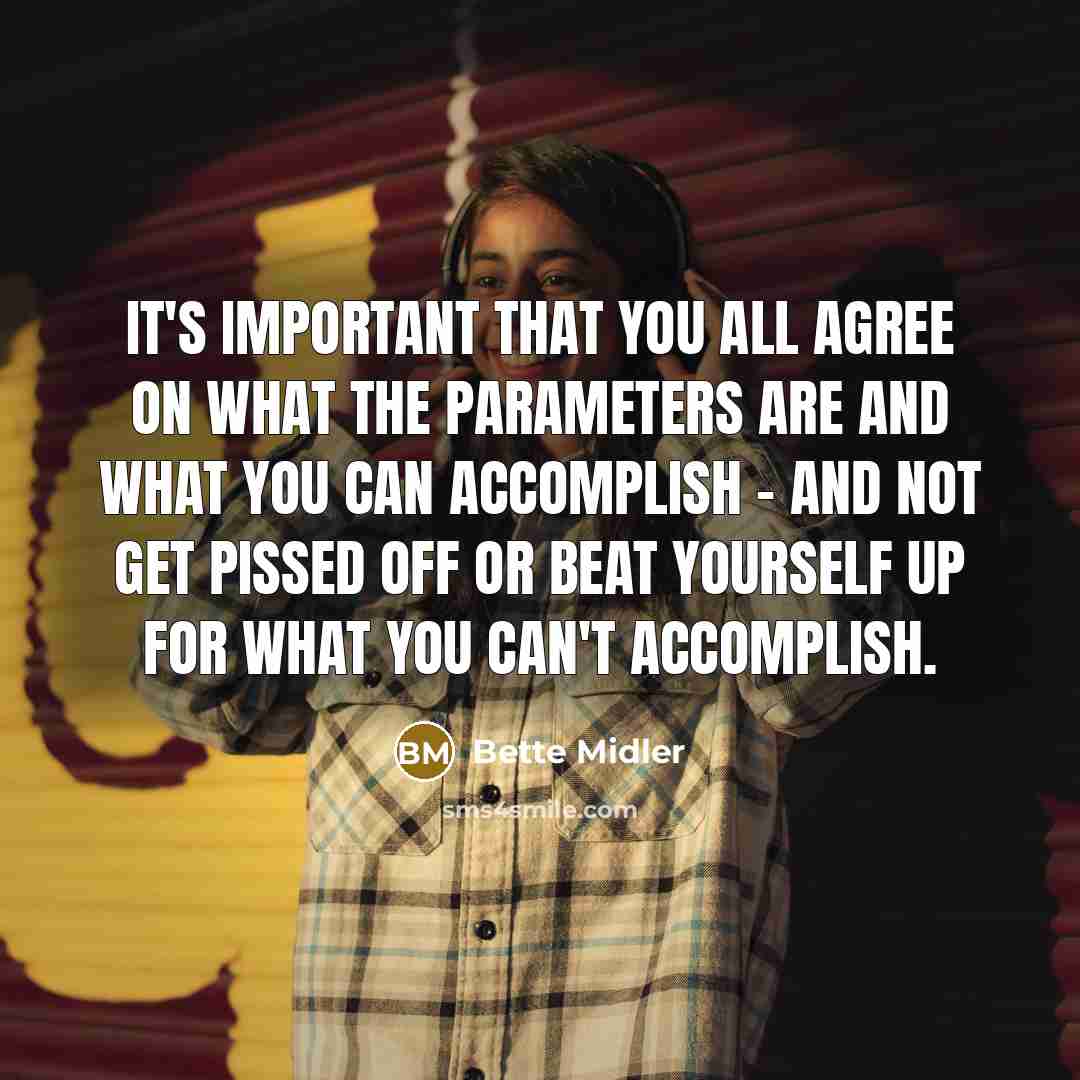 “It's important that you all agree on what the parameters are and what you can accomplish - and not get pissed off or beat yourself up for what you can't accomplish.” quote by Bette Midler