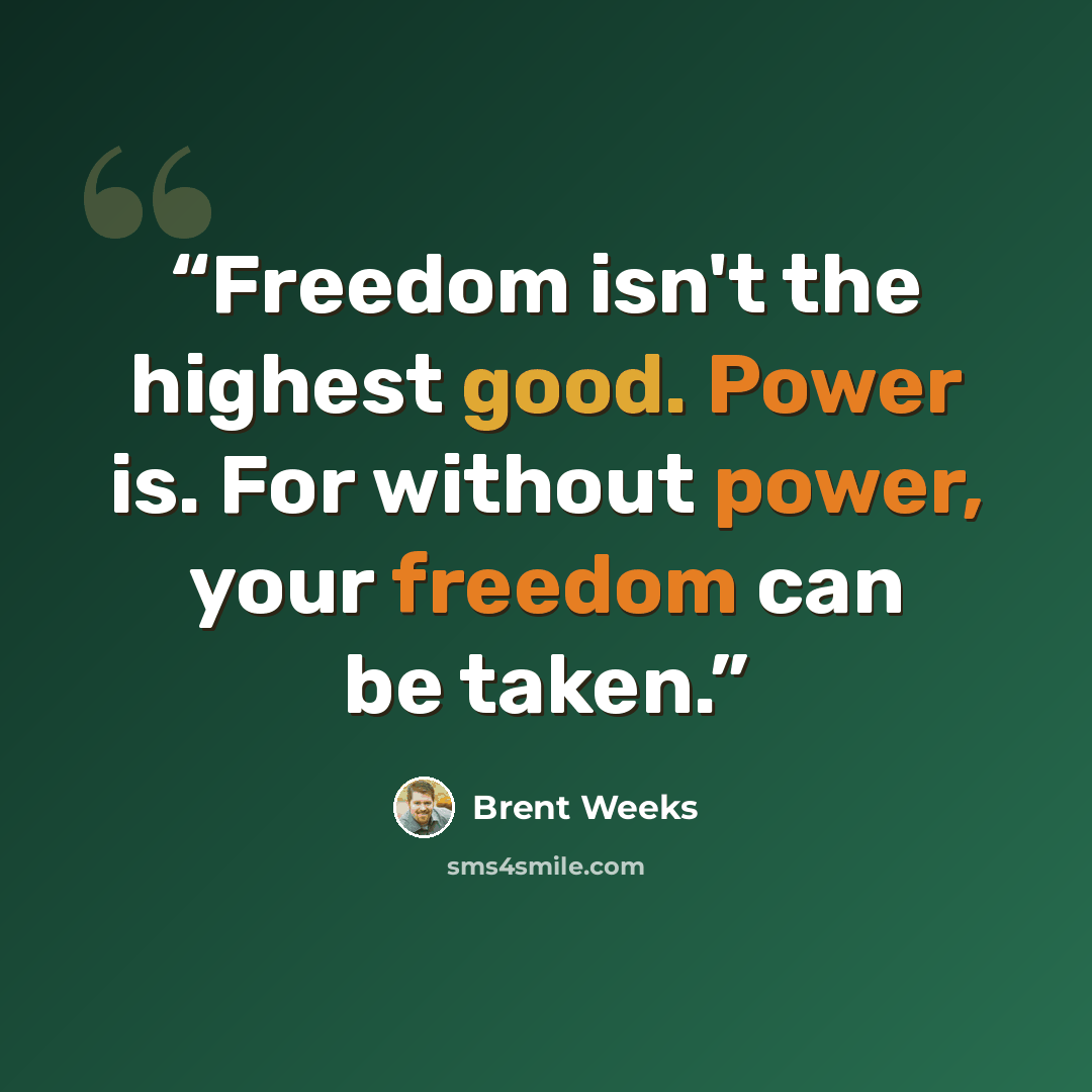“Freedom isn't the highest good. Power is. For without power, your freedom can be taken.” quote by Brent Weeks