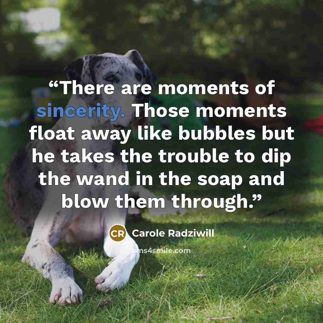 “There are moments of sincerity. Those moments float away like bubbles but he takes the trouble to dip the wand in the soap and blow them through.” quote by Carole Radziwill