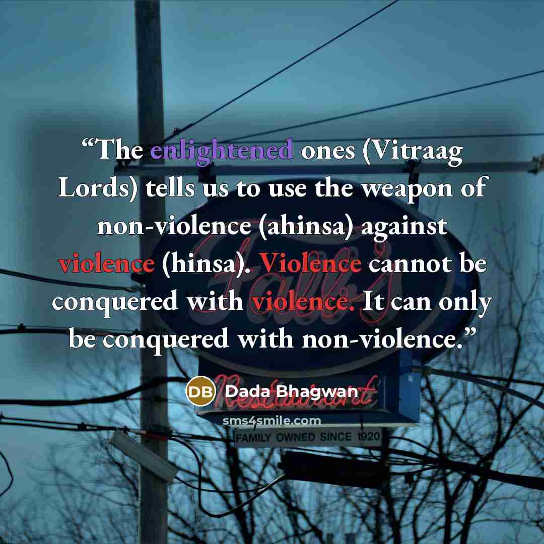 “The enlightened ones (Vitraag Lords) tells us to use the weapon of non-violence (ahinsa) against violence (hinsa). Violence cannot be conquered with violence. It can only be conquered with non-violence.” quote by Dada Bhagwan