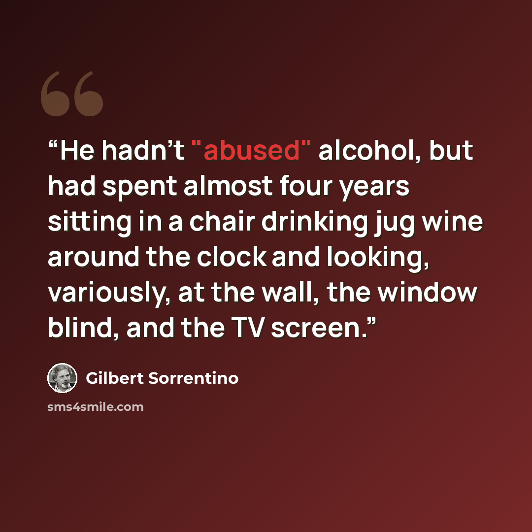 “He hadn't "abused" alcohol, but had spent almost four years sitting in a chair drinking jug wine around the clock and looking, variously, at the wall, the window blind, and the TV screen.” quote by Gilbert Sorrentino