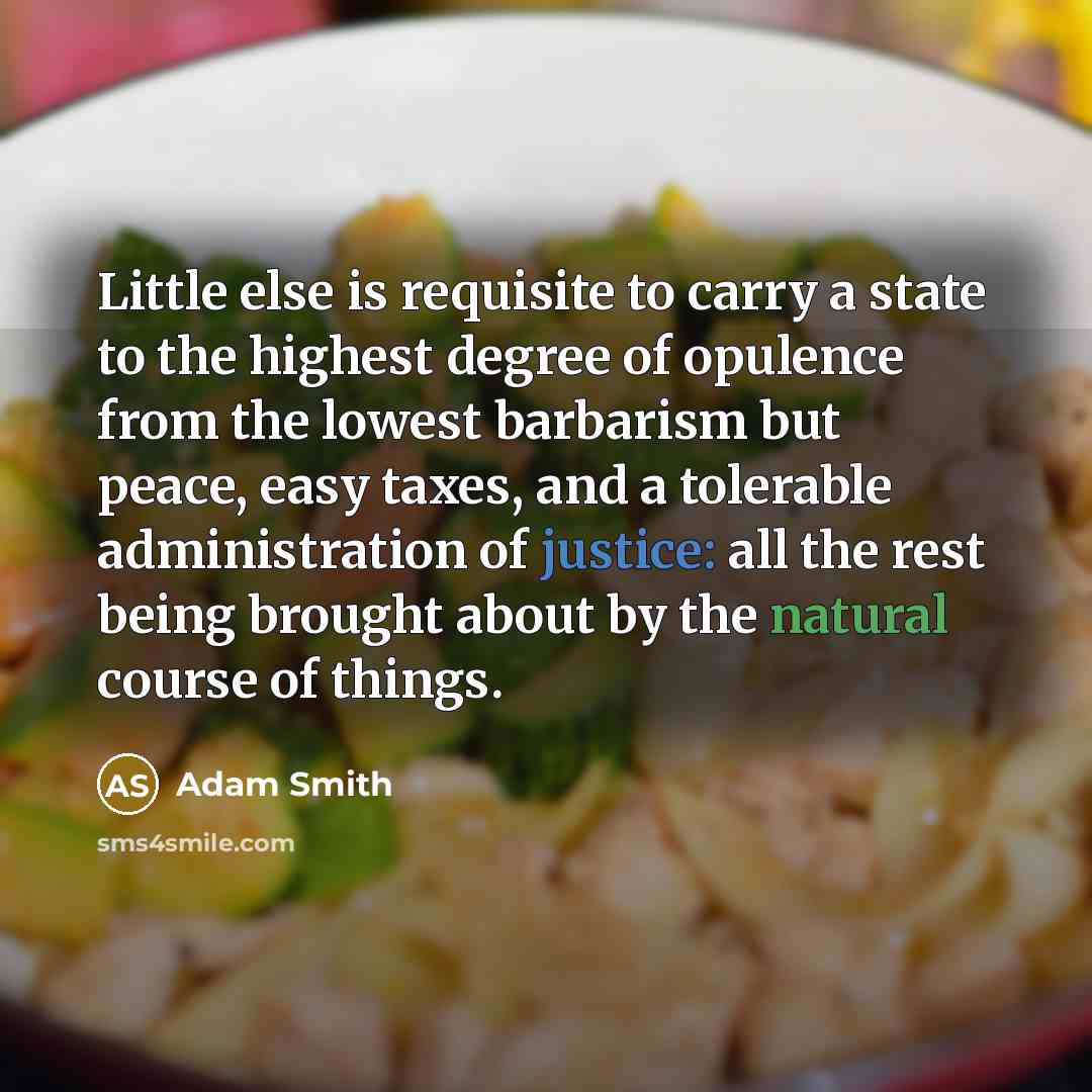 “Little else is requisite to carry a state to the highest degree of opulence from the lowest barbarism but peace, easy taxes, and a tolerable administration of justice: all the rest being brought about by the natural course of things.” quote by Adam Smith