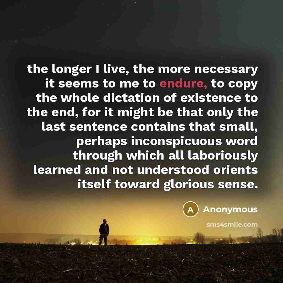 “the longer I live, the more necessary it seems to me to endure, to copy the whole dictation of existence to the end, for it might be that only the last sentence contains that small, perhaps inconspicuous word through which all laboriously learned and not understood orients itself toward glorious…” quote by Anonymous