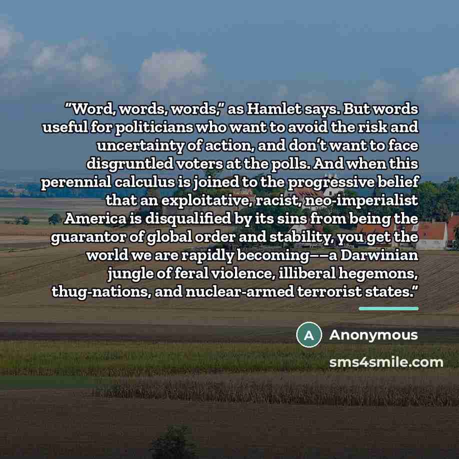 “Word, words, words,” as Hamlet says. But words useful for politicians who want to avoid the risk and uncertainty of action, and don’t want to face disgruntled voters at the polls. And when this perennial calculus is joined to the progressive belief that an exploitative, racist, neo-imperialist…” quote by Anonymous