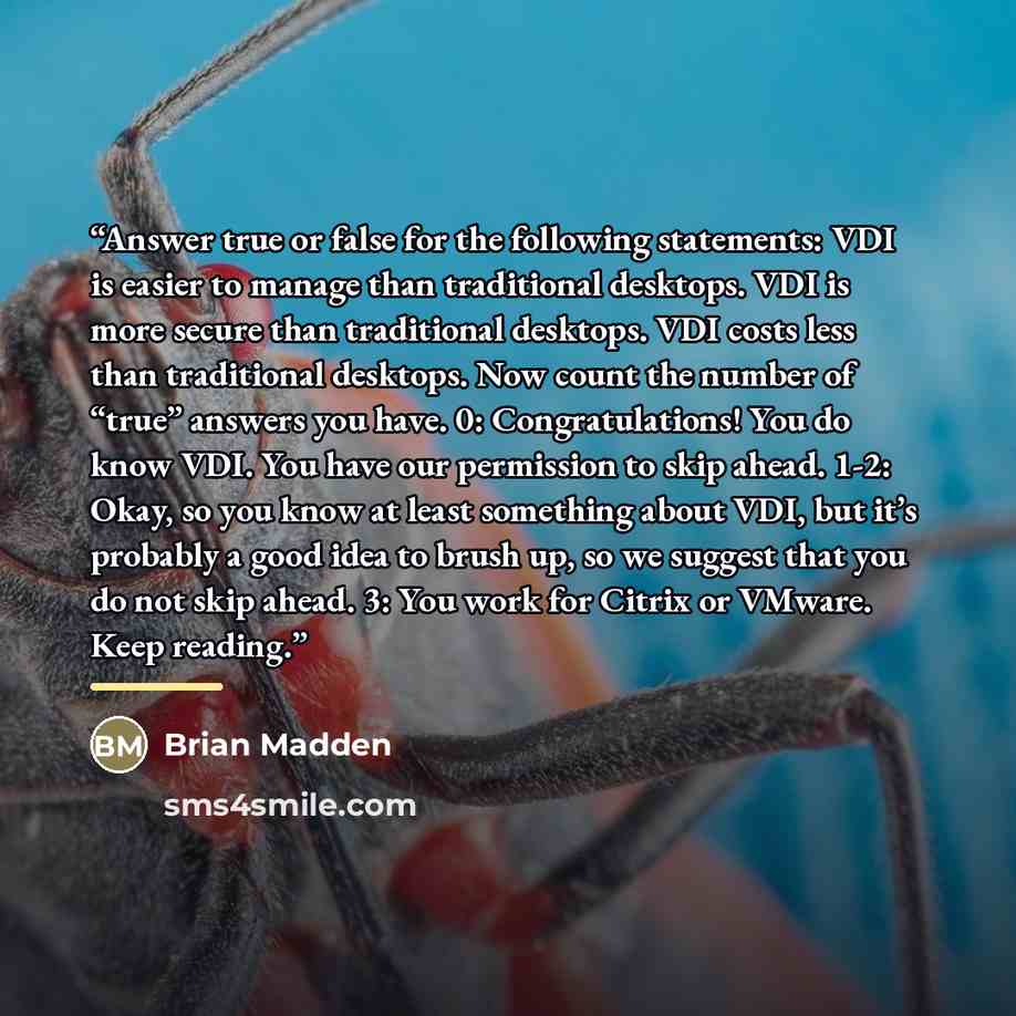 “Answer true or false for the following statements: VDI is easier to manage than traditional desktops. VDI is more secure than traditional desktops. VDI costs less than traditional desktops. Now count the number of “true” answers you have. 0: Congratulations! You do know VDI. You have our…” quote by Brian Madden