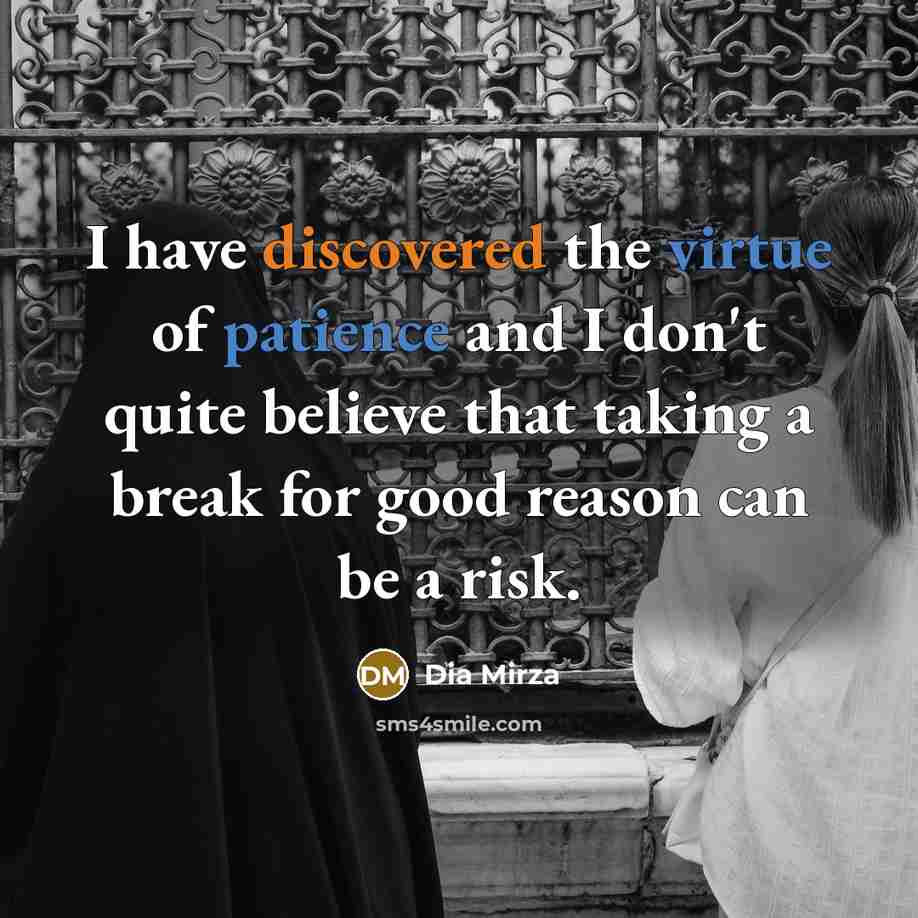 “I have discovered the virtue of patience and I don't quite believe that taking a break for good reason can be a risk.” quote by Dia Mirza