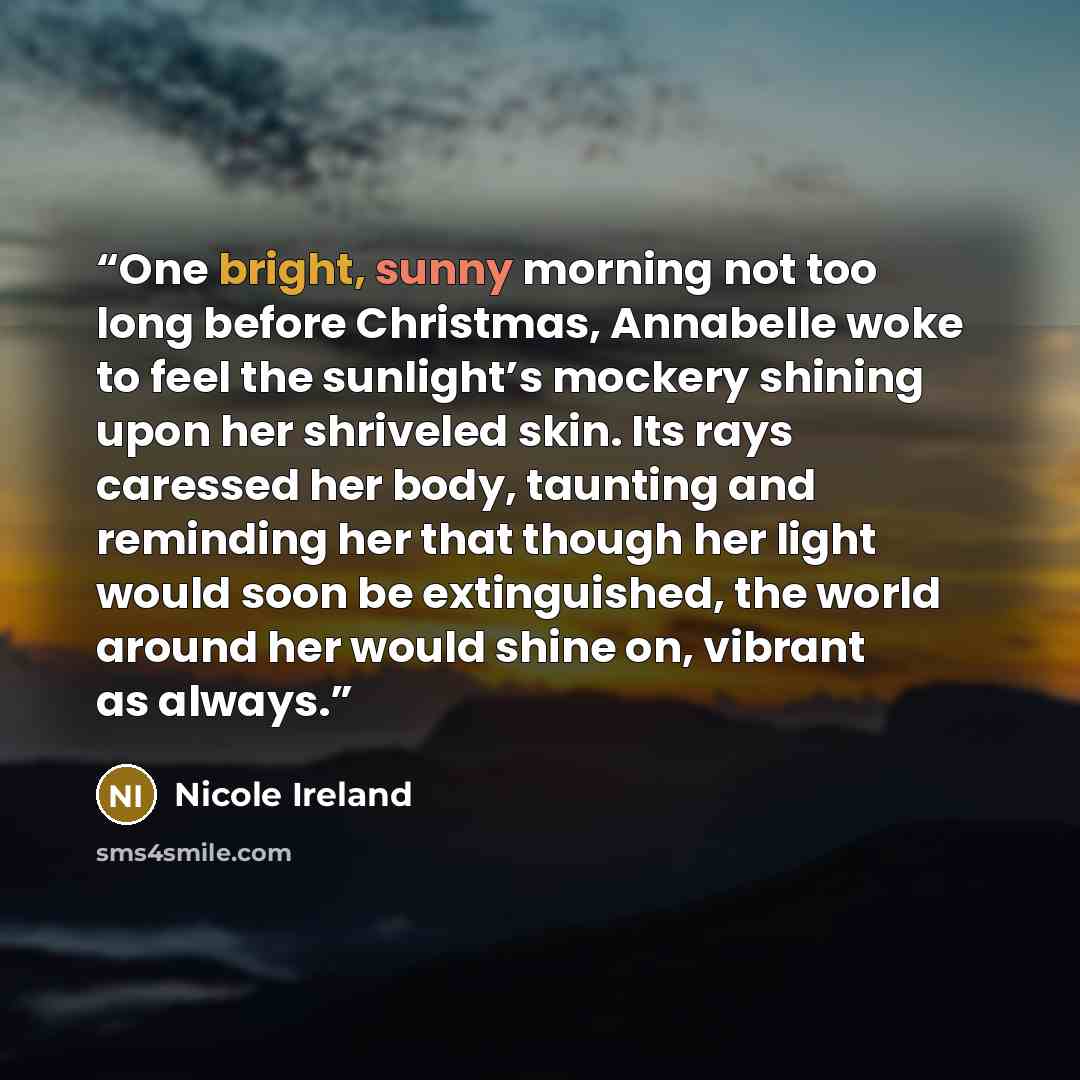 “One bright, sunny morning not too long before Christmas, Annabelle woke to feel the sunlight’s mockery shining upon her shriveled skin. Its rays caressed her body, taunting and reminding her that though her light would soon be extinguished, the world around her would shine on, vibrant as always.” quote by Nicole Ireland