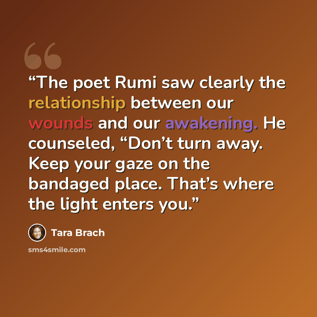 “The poet Rumi saw clearly the relationship between our wounds and our awakening. He counseled, “Don’t turn away. Keep your gaze on the bandaged place. That’s where the light enters you.” quote by Tara Brach
