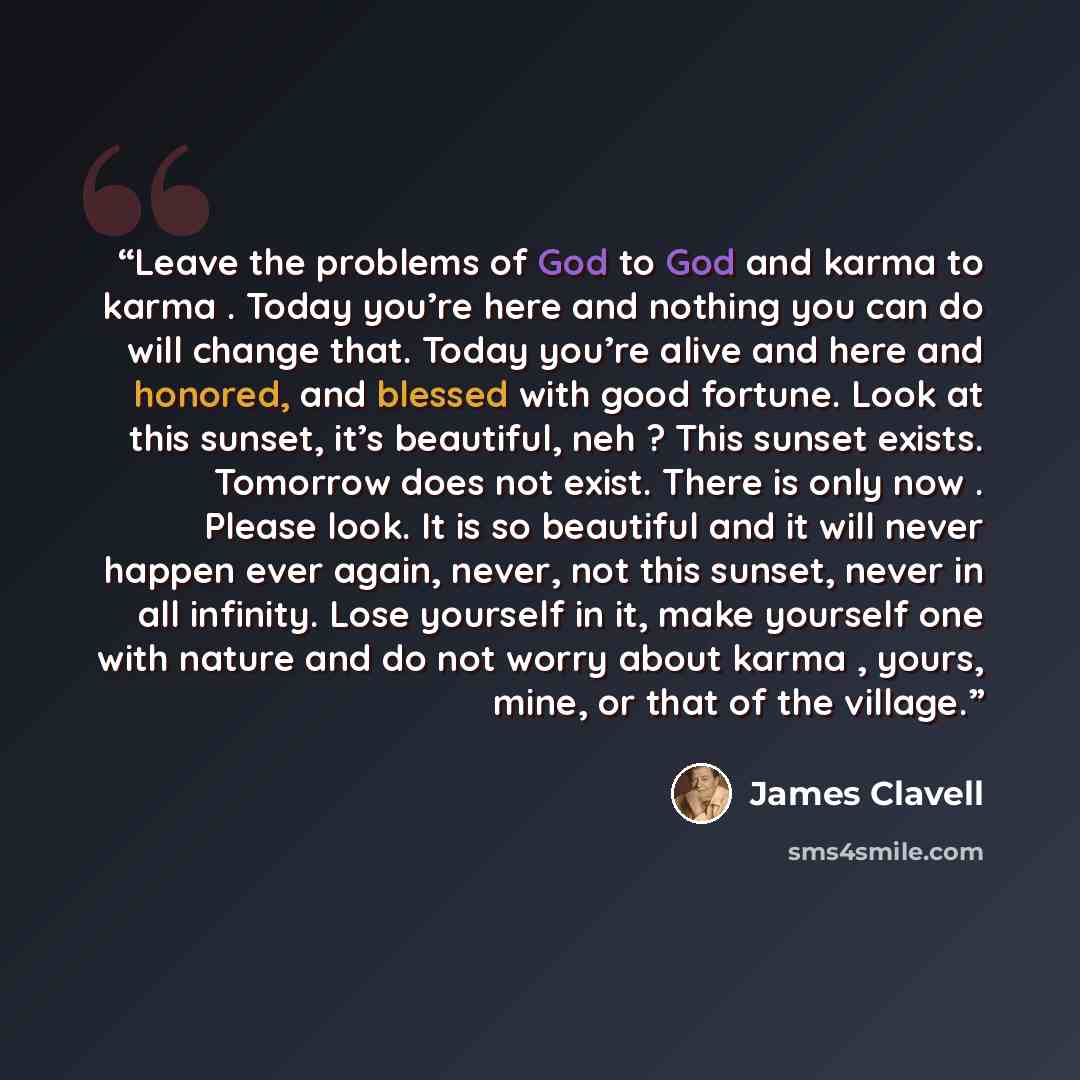 “Leave the problems of God to God and karma to karma . Today you’re here and nothing you can do will change that. Today you’re alive and here and honored, and blessed with good fortune. Look at this sunset, it’s beautiful, neh ? This sunset exists. Tomorrow does not exist. There is only now…” quote by James Clavell