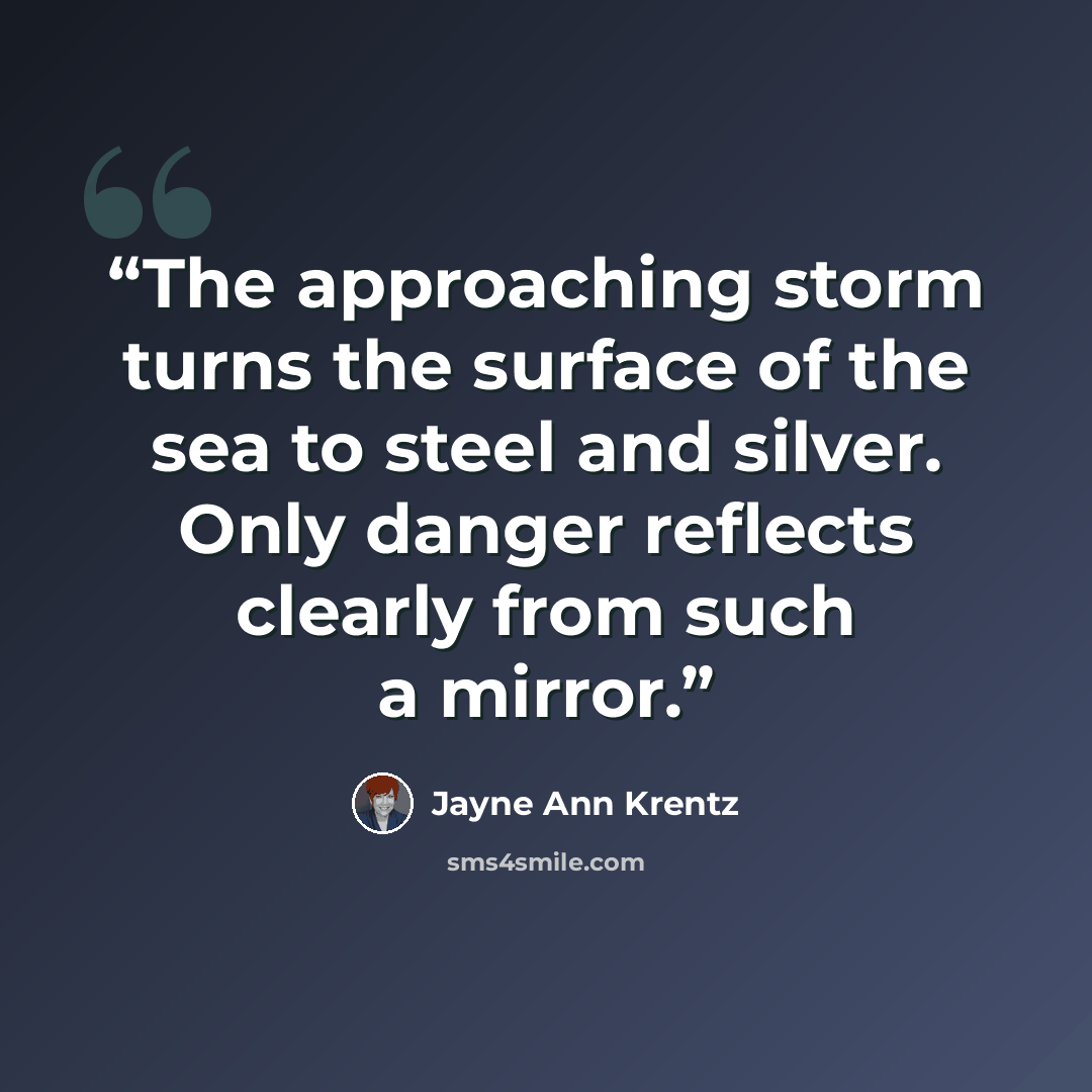“The approaching storm turns the surface of the sea to steel and silver. Only danger reflects clearly from such a mirror.” quote by Jayne Ann Krentz