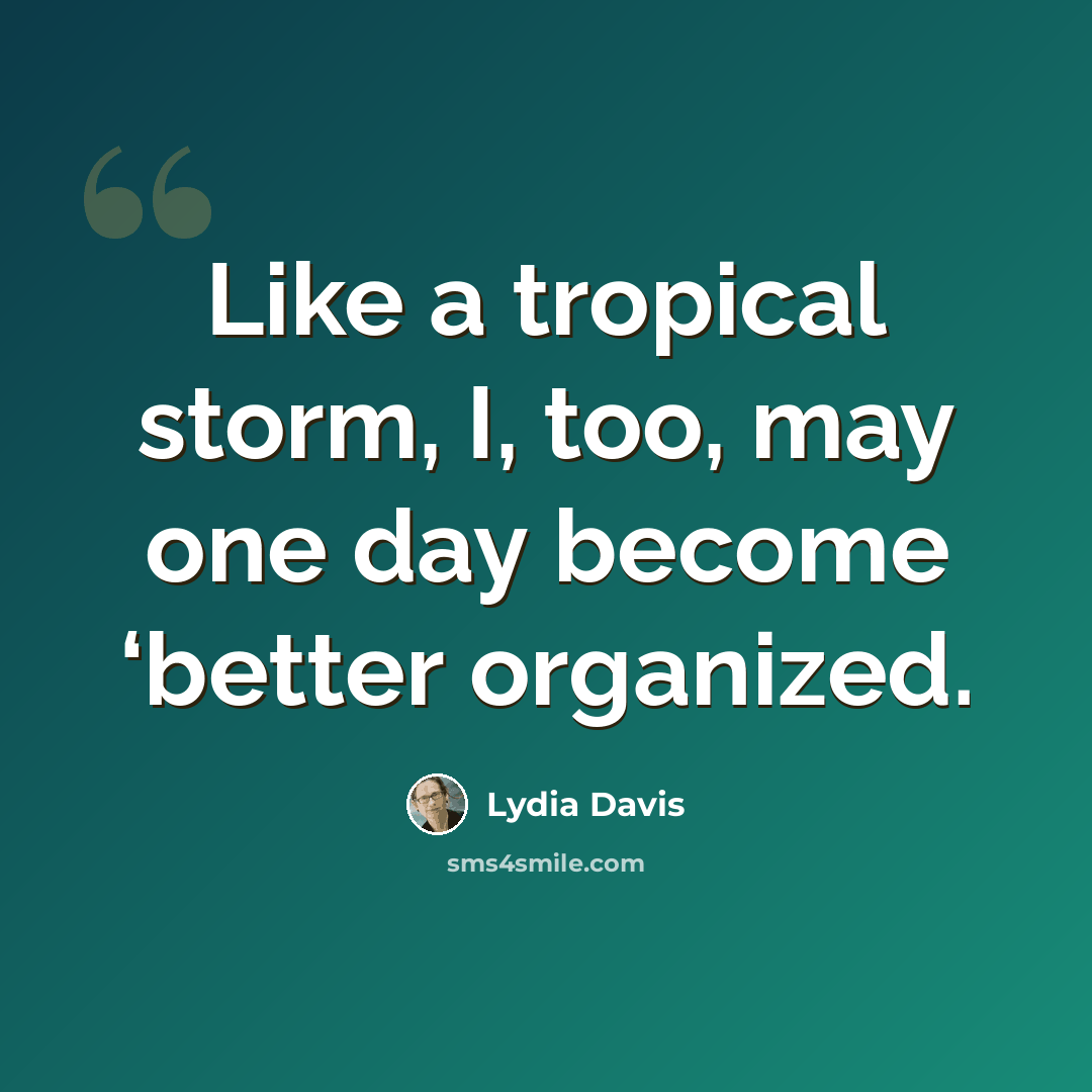 “Like a tropical storm, I, too, may one day become ‘better organized.” quote by Lydia Davis