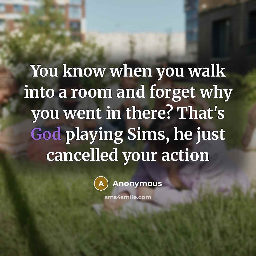 “You know when you walk into a room and forget why you went in there? That's God playing Sims, he just cancelled your action” quote by Anonymous