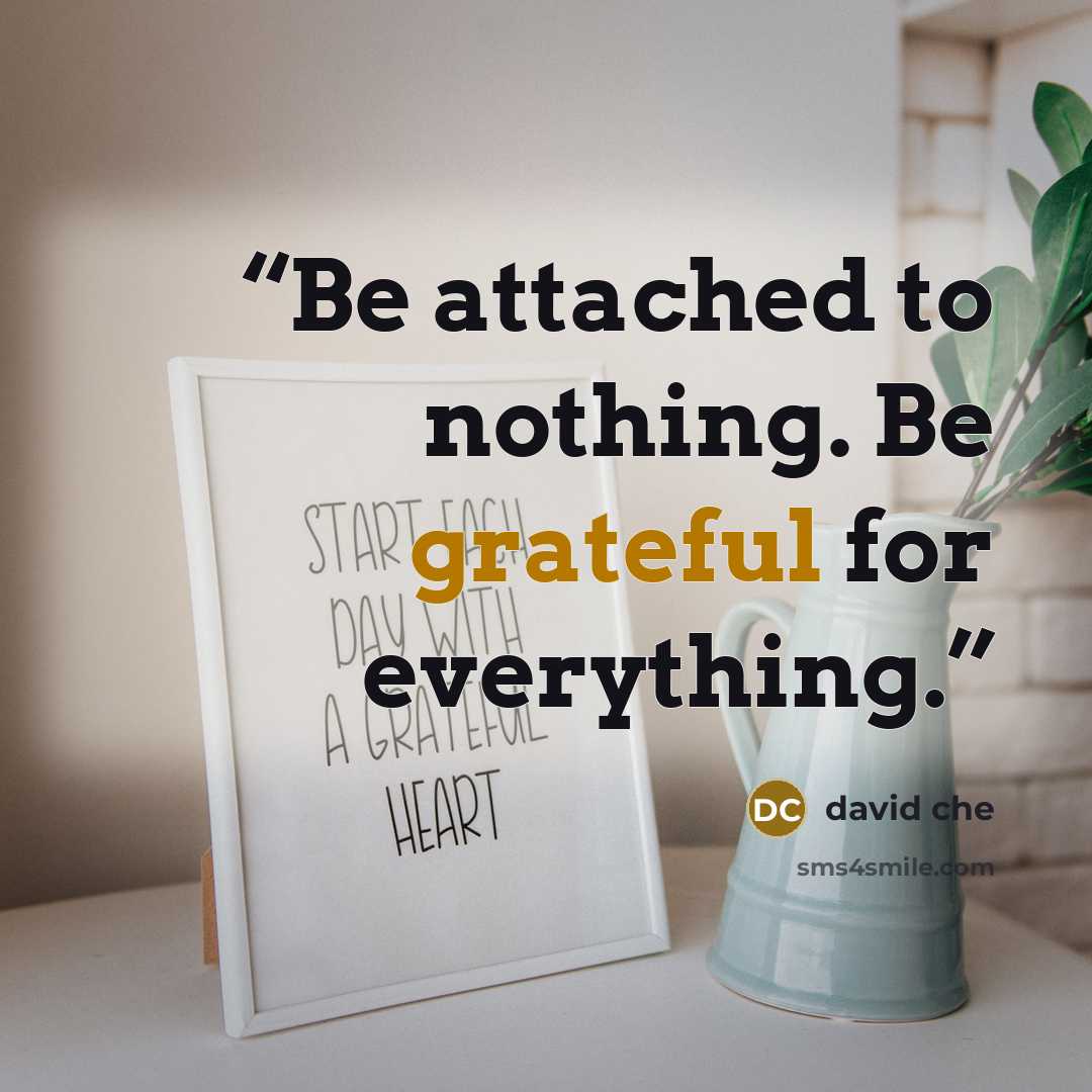“Be attached to nothing. Be grateful for everything.” quote by david che