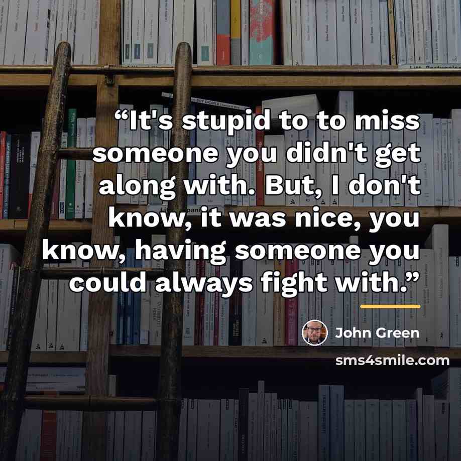 “It's stupid to to miss someone you didn't get along with. But, I don't know, it was nice, you know, having someone you could always fight with.” quote by John Green