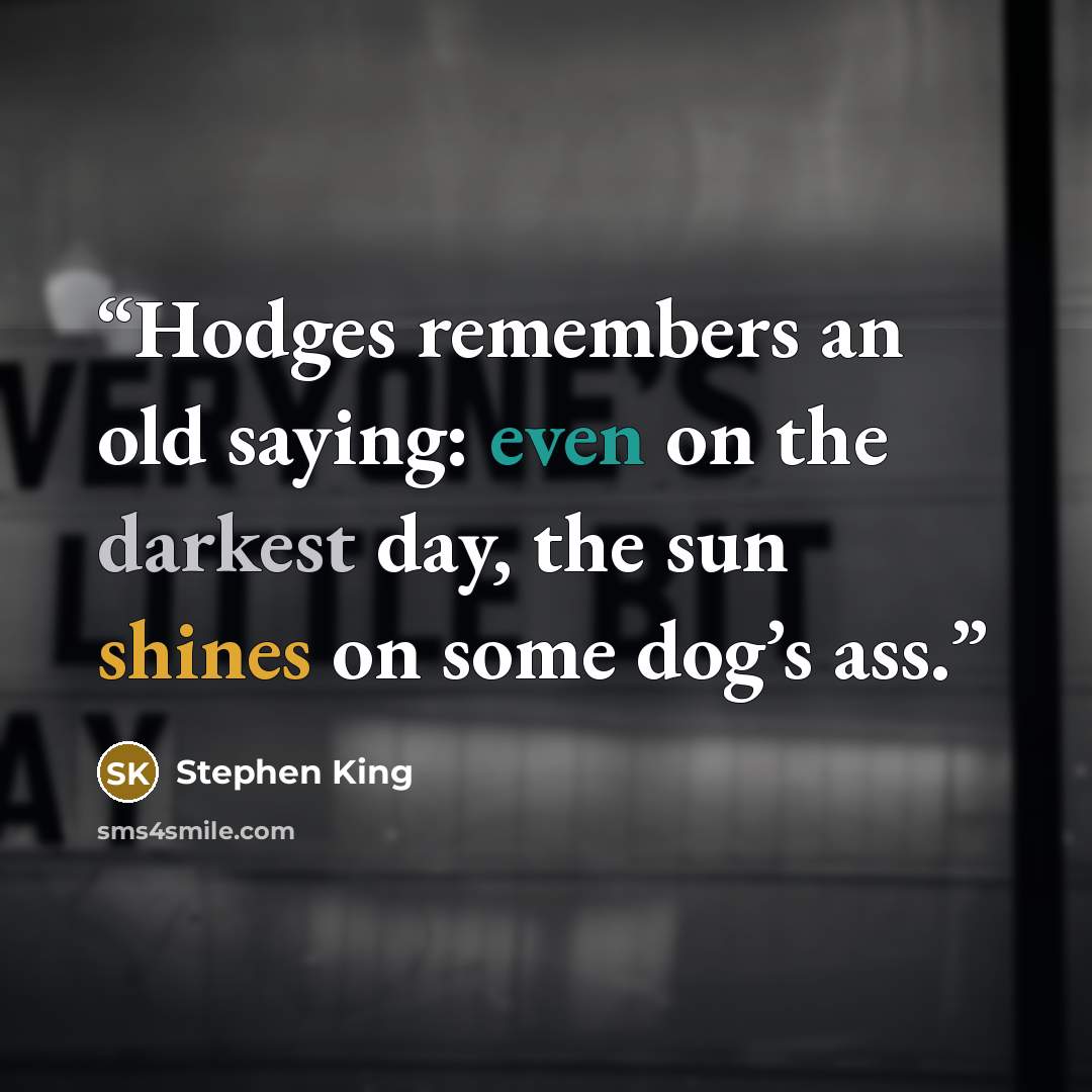 “Hodges remembers an old saying: even on the darkest day, the sun shines on some dog’s ass.” quote by Stephen King