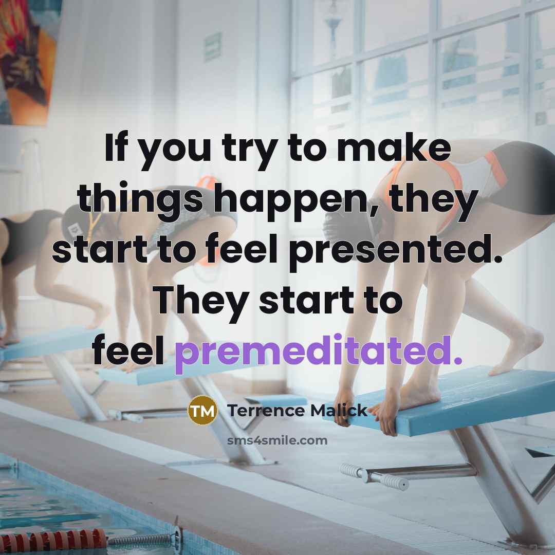 “If you try to make things happen, they start to feel presented. They start to feel premeditated.” quote by Terrence Malick