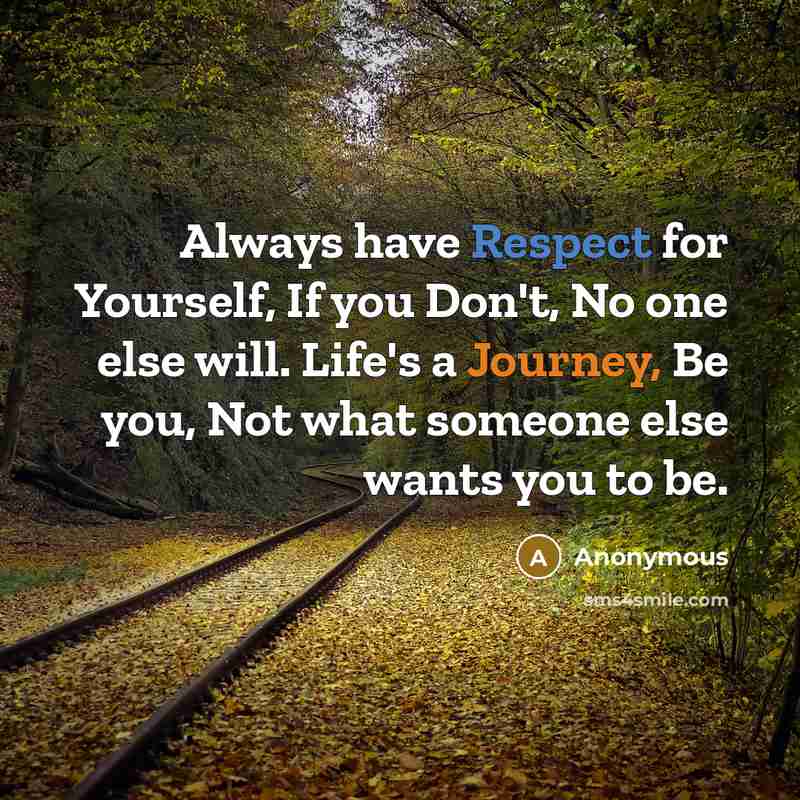 “Always have Respect for Yourself, If you Don't, No one else will. Life's a Journey, Be you, Not what someone else wants you to be.” quote by Anonymous