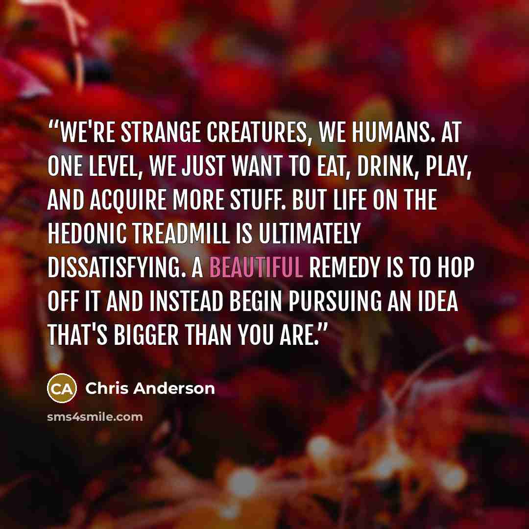 “We're strange creatures, we humans. At one level, we just want to eat, drink, play, and acquire more stuff. But life on the hedonic treadmill is ultimately dissatisfying. A beautiful remedy is to hop off it and instead begin pursuing an idea that's bigger than you are.” quote by Chris Anderson