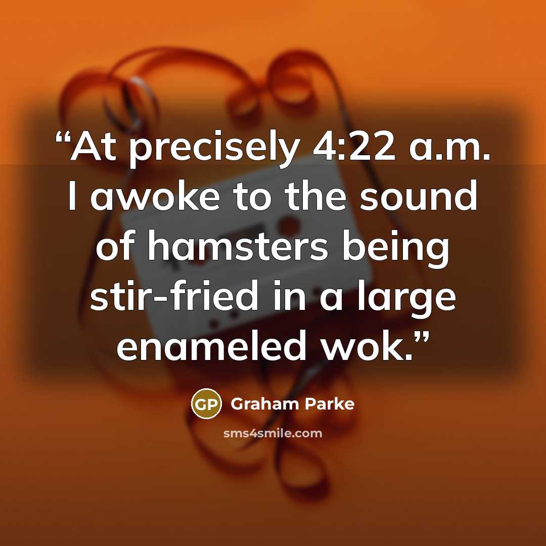 “At precisely 4:22 a.m. I awoke to the sound of hamsters being stir-fried in a large enameled wok.” quote by Graham Parke