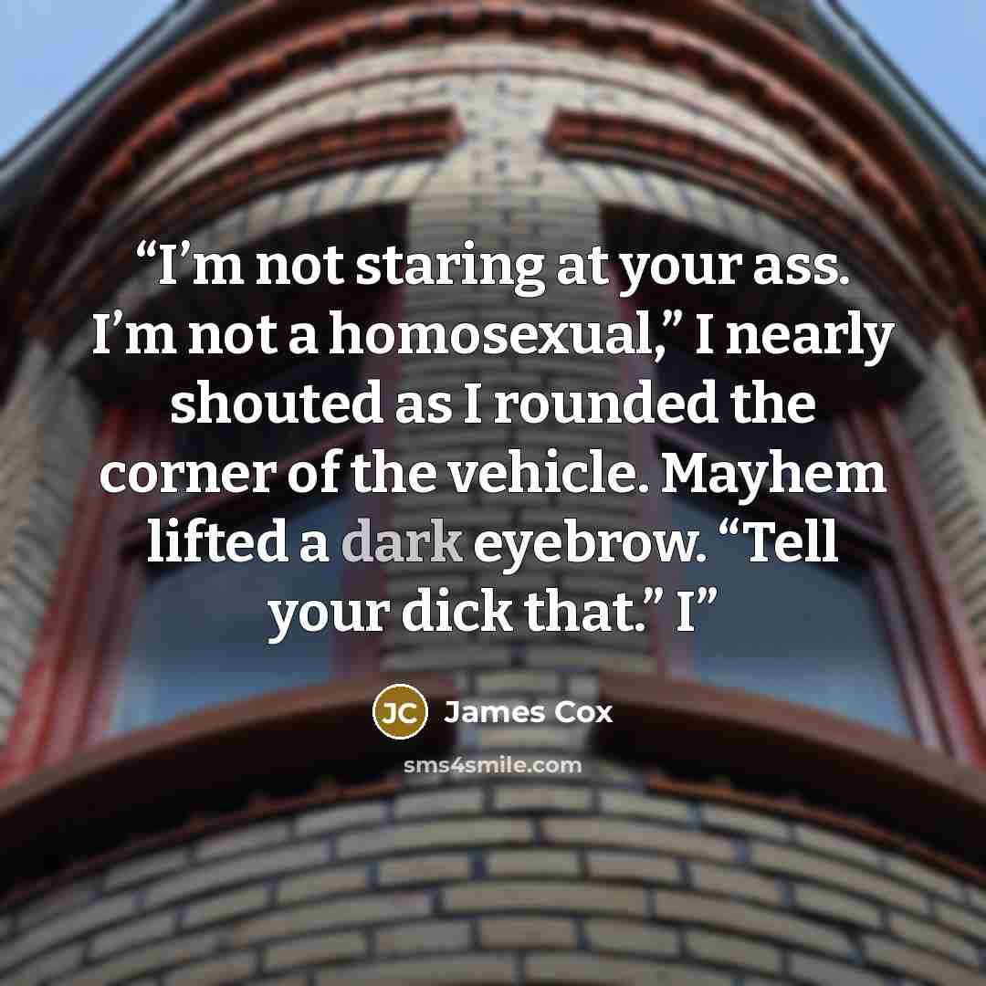 “I’m not staring at your ass. I’m not a homosexual,” I nearly shouted as I rounded the corner of the vehicle. Mayhem lifted a dark eyebrow. “Tell your dick that.” I” quote by James Cox