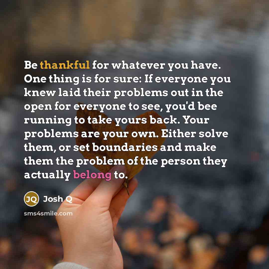 “Be thankful for whatever you have. One thing is for sure: If everyone you knew laid their problems out in the open for everyone to see, you'd bee running to take yours back. Your problems are your own. Either solve them, or set boundaries and make them the problem of the person they actually…” quote by Josh Q