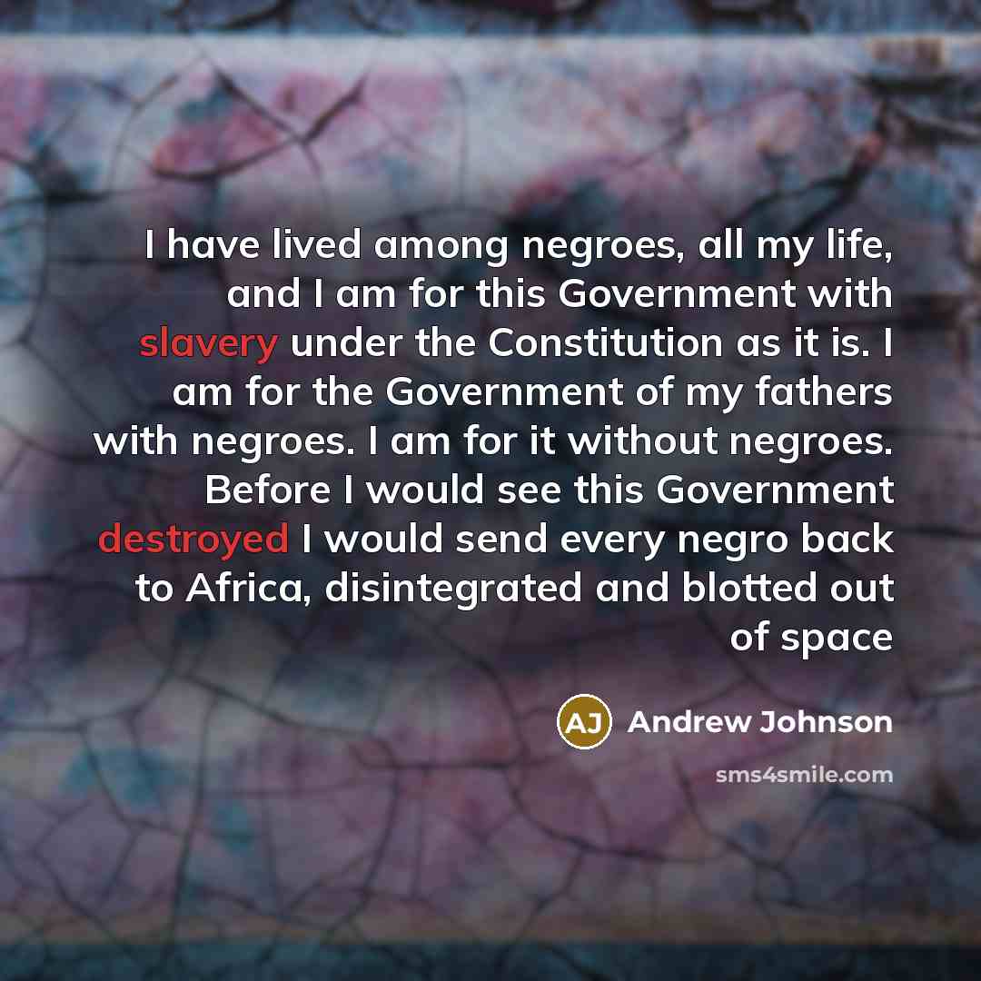 “I have lived among negroes, all my life, and I am for this Government with slavery under the Constitution as it is. I am for the Government of my fathers with negroes. I am for it without negroes. Before I would see this Government destroyed I would send every negro back to Africa, disintegrated…” quote by Andrew Johnson