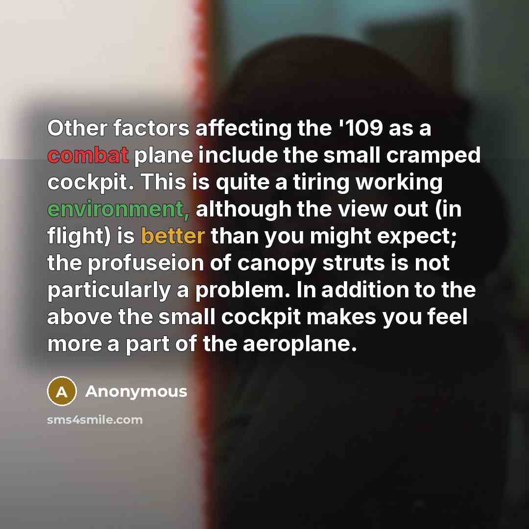 “Other factors affecting the '109 as a combat plane include the small cramped cockpit. This is quite a tiring working environment, although the view out (in flight) is better than you might expect; the profuseion of canopy struts is not particularly a problem. In addition to the above the small…” quote by Anonymous