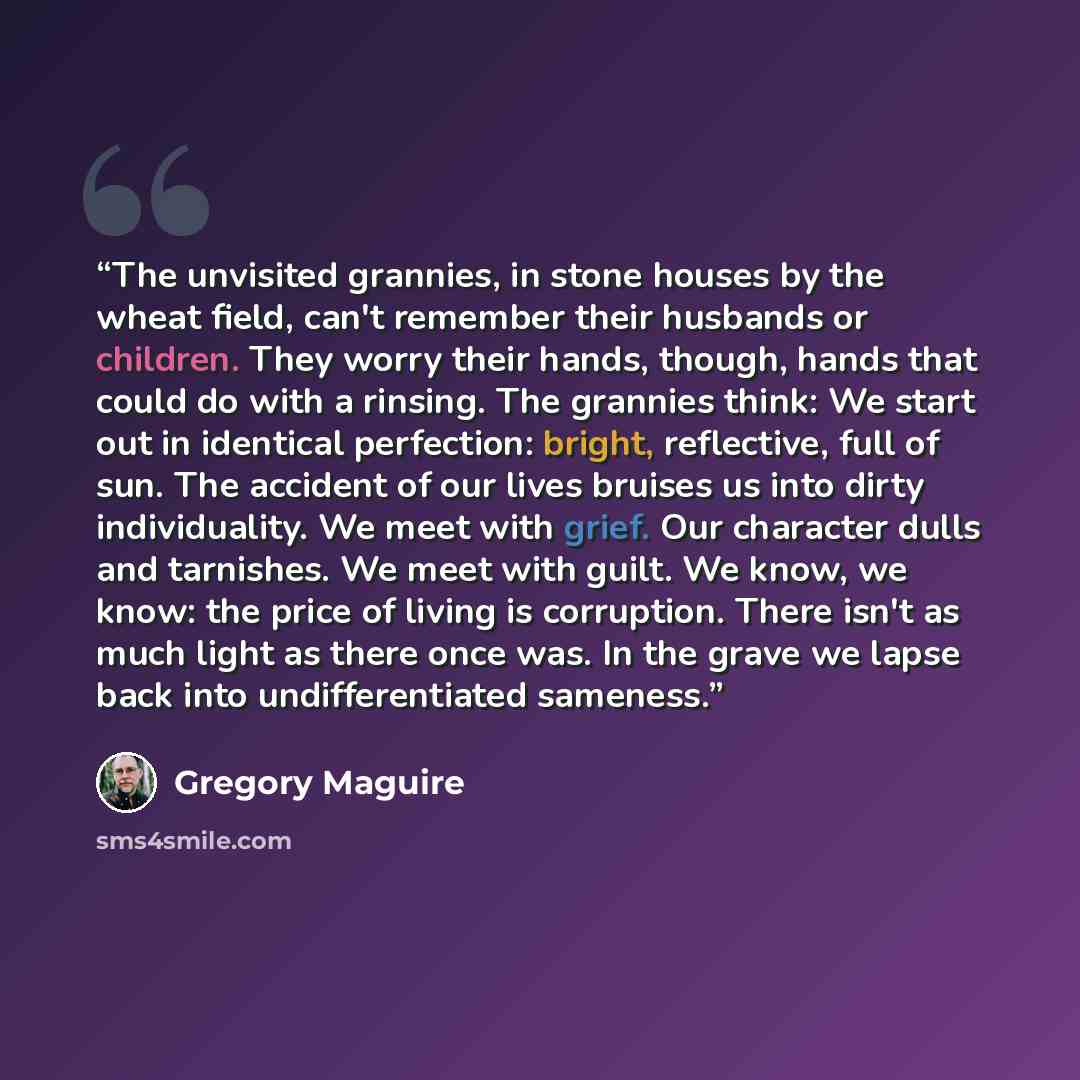 “The unvisited grannies, in stone houses by the wheat field, can't remember their husbands or children. They worry their hands, though, hands that could do with a rinsing. The grannies think: We start out in identical perfection: bright, reflective, full of sun. The accident of our lives bruises us…” quote by Gregory Maguire