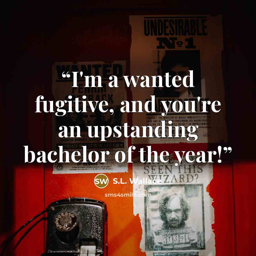 “I'm a wanted fugitive, and you're an upstanding bachelor of the year!” quote by S.L. Wallace