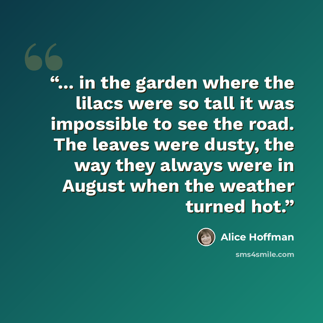 “... in the garden where the lilacs were so tall it was impossible to see the road. The leaves were dusty, the way they always were in August when the weather turned hot.” quote by Alice Hoffman