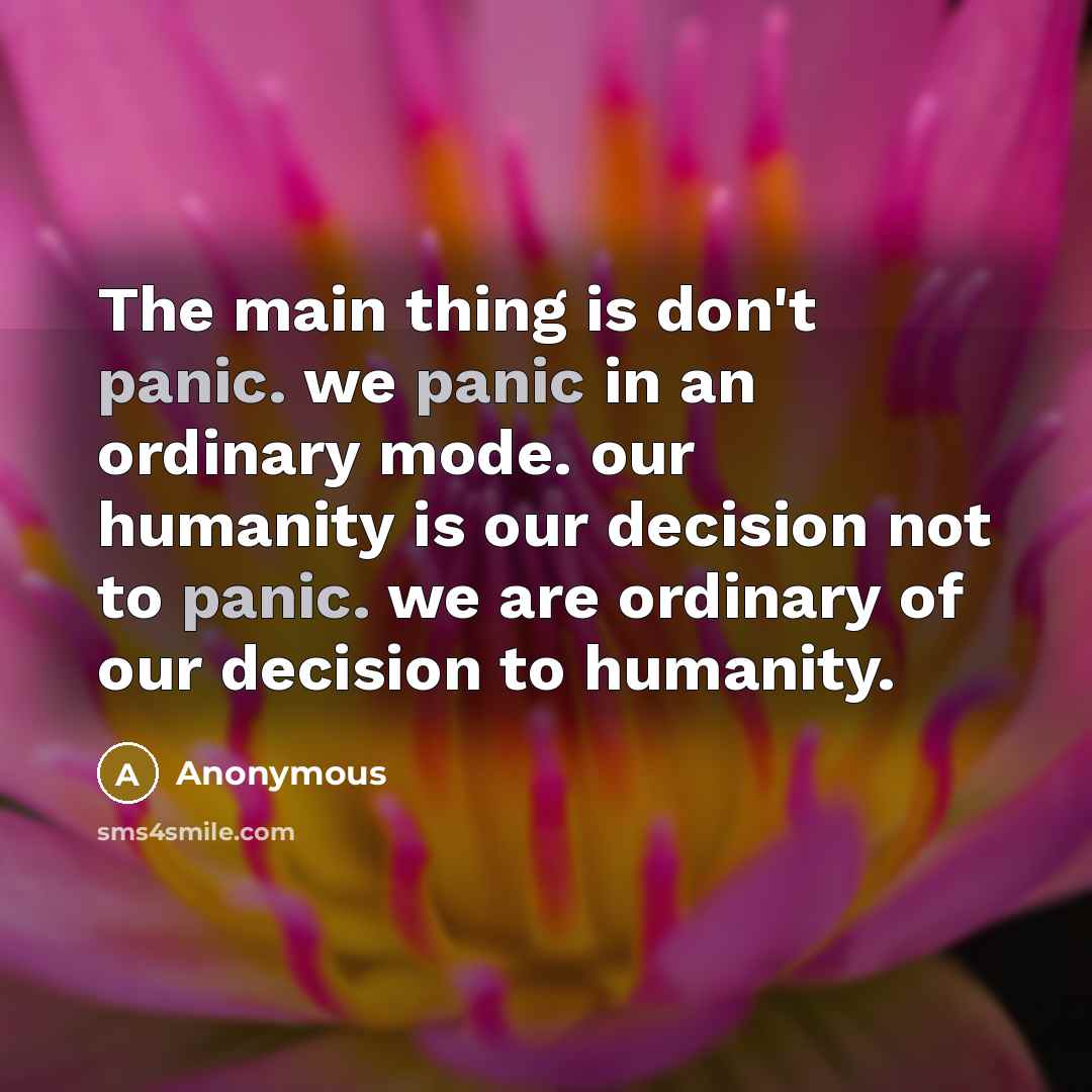 “The main thing is don't panic. we panic in an ordinary mode. our humanity is our decision not to panic. we are ordinary of our decision to humanity.” quote by Anonymous