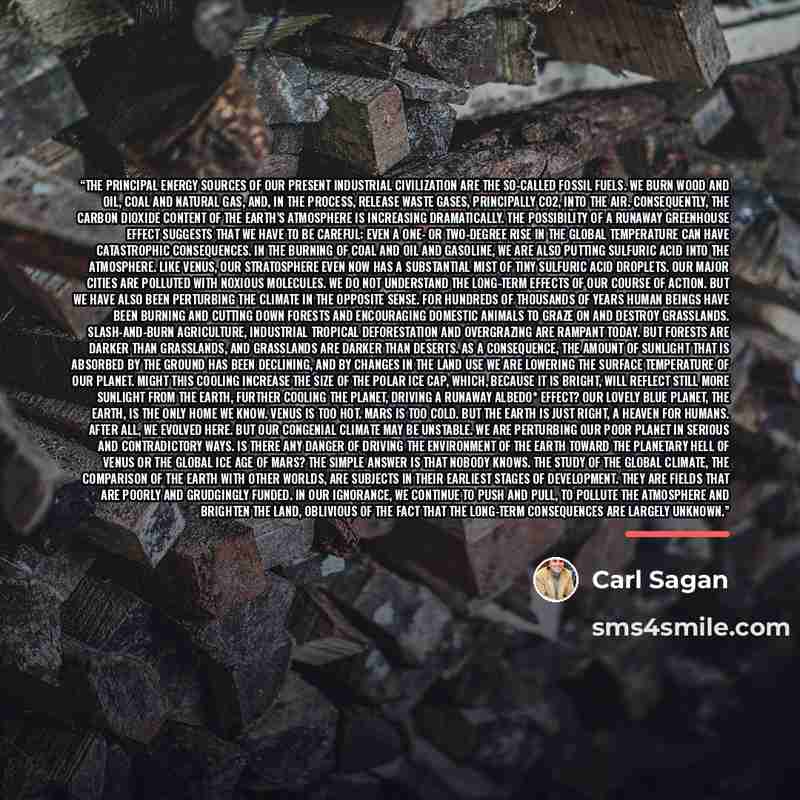 “The principal energy sources of our present industrial civilization are the so-called fossil fuels. We burn wood and oil, coal and natural gas, and, in the process, release waste gases, principally CO2, into the air. Consequently, the carbon dioxide content of the Earth’s atmosphere is increasing…” quote by Carl Sagan