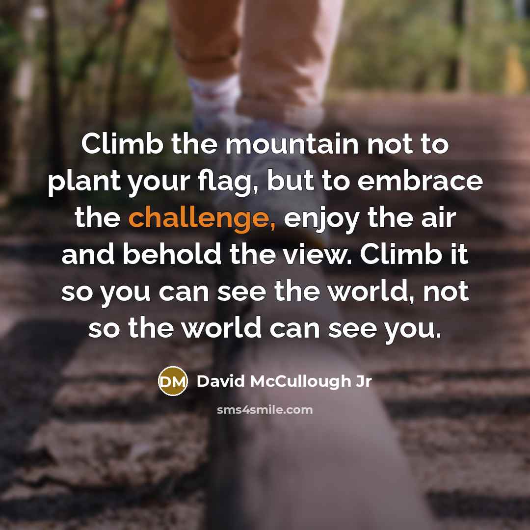 “Climb the mountain not to plant your flag, but to embrace the challenge, enjoy the air and behold the view. Climb it so you can see the world, not so the world can see you.” quote by David McCullough Jr