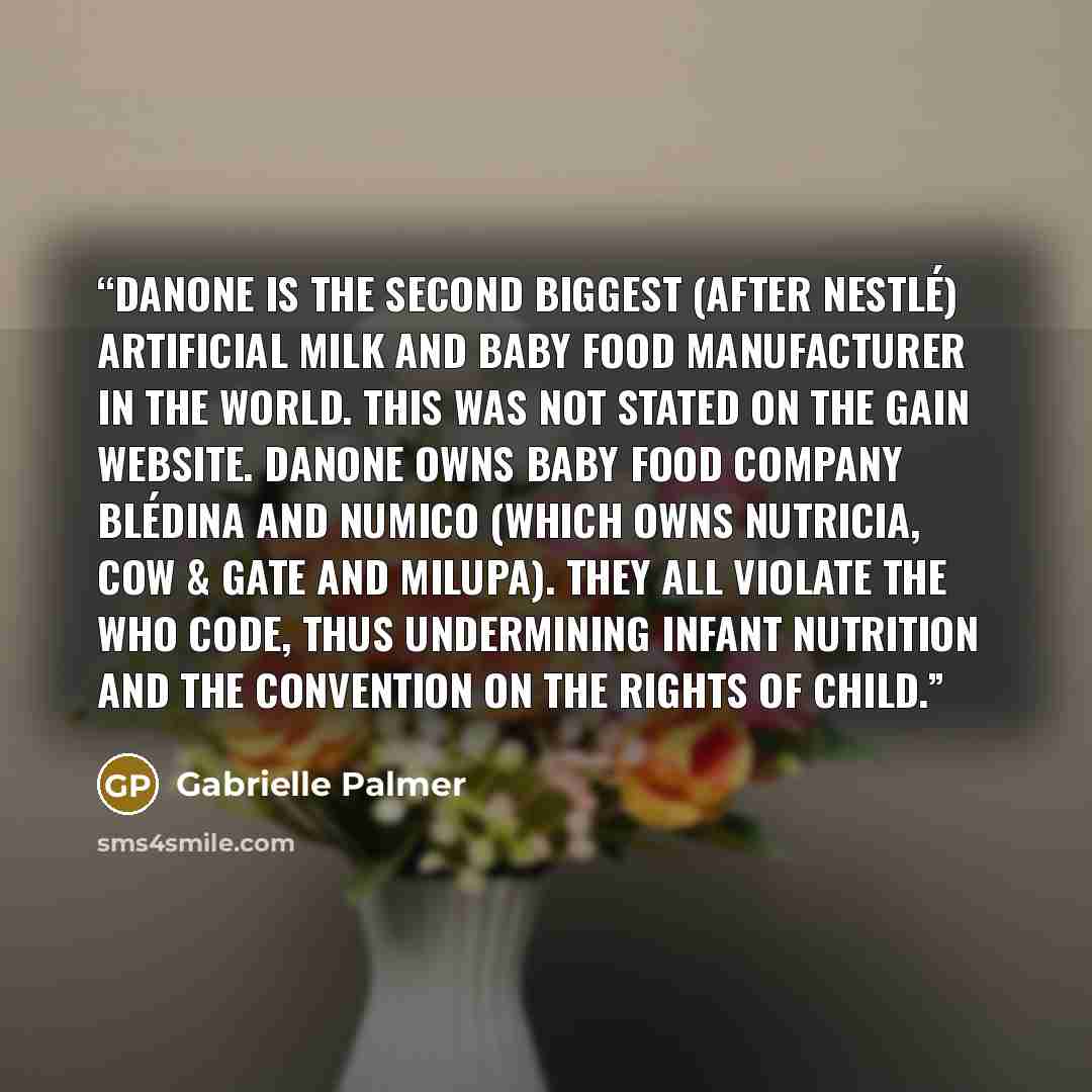 “Danone is the second biggest (after Nestlé) artificial milk and baby food manufacturer in the world. This was not stated on the GAIN website. Danone owns baby food company Blédina and Numico (which owns Nutricia, Cow & Gate and Milupa). They all violate the WHO Code, thus undermining infant…” quote by Gabrielle Palmer