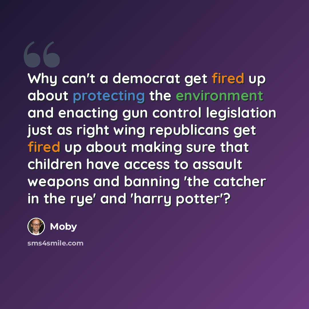 “Why can't a democrat get fired up about protecting the environment and enacting gun control legislation just as right wing republicans get fired up about making sure that children have access to assault weapons and banning 'the catcher in the rye' and 'harry potter'?” quote by Moby