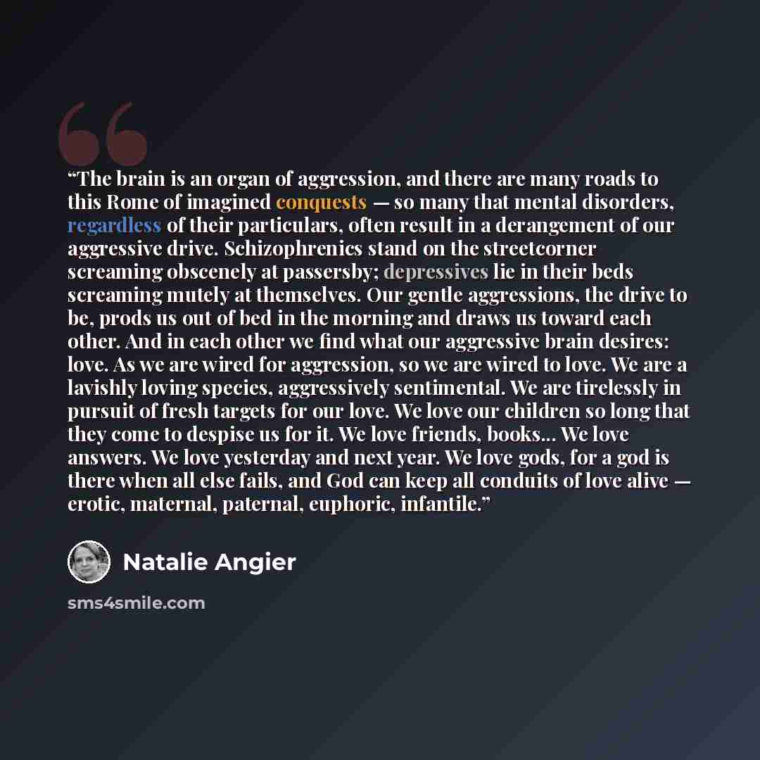 “The brain is an organ of aggression, and there are many roads to this Rome of imagined conquests — so many that mental disorders, regardless of their particulars, often result in a derangement of our aggressive drive. Schizophrenics stand on the streetcorner screaming obscenely at passersby…” quote by Natalie Angier