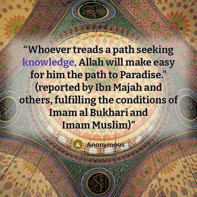 “Whoever treads a path seeking knowledge, Allah will make easy for him the path to Paradise." (reported by Ibn Majah and others, fulfilling the conditions of Imam al Bukhari and Imam Muslim)” quote by Anonymous