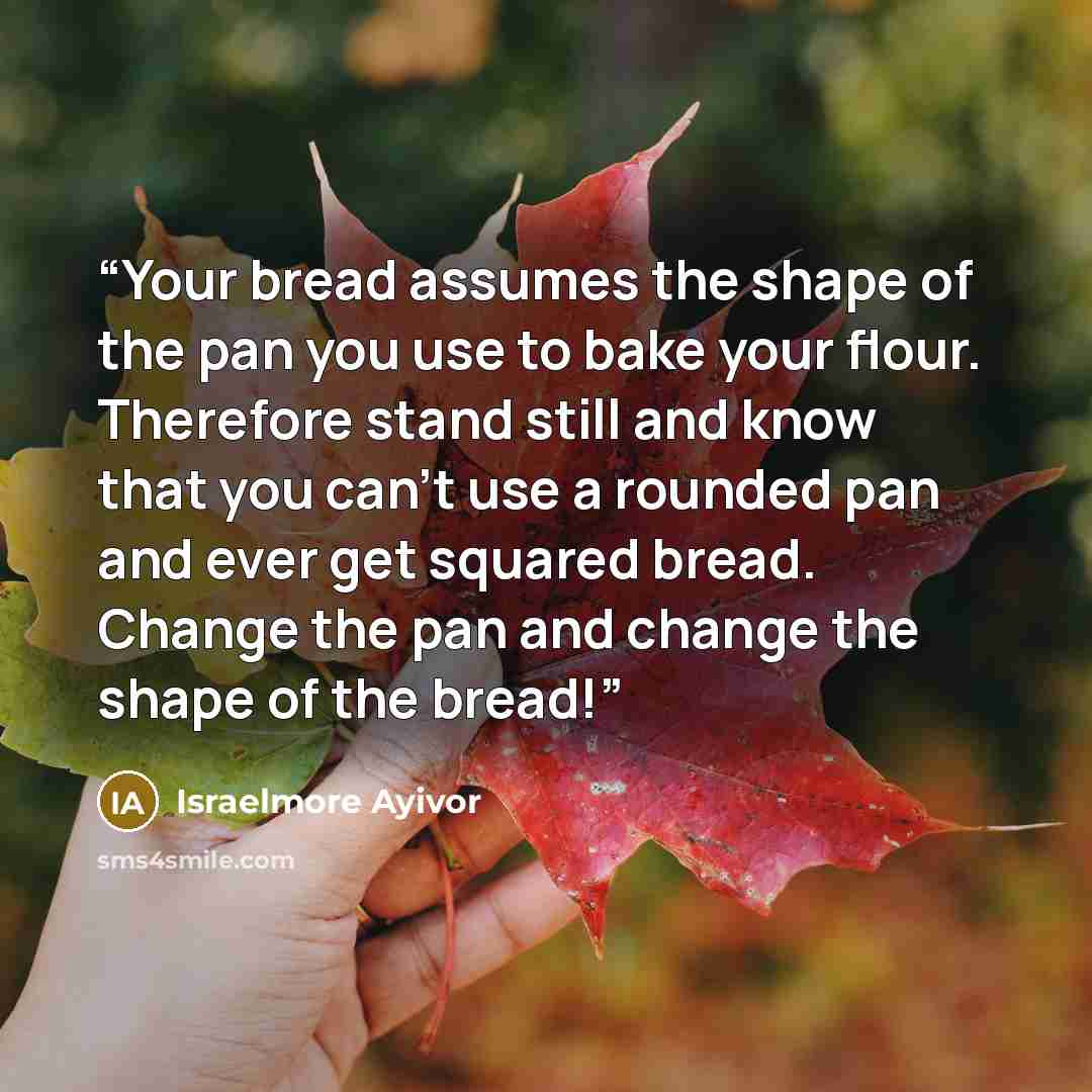 “Your bread assumes the shape of the pan you use to bake your flour. Therefore stand still and know that you can’t use a rounded pan and ever get squared bread. Change the pan and change the shape of the bread!” quote by Israelmore Ayivor