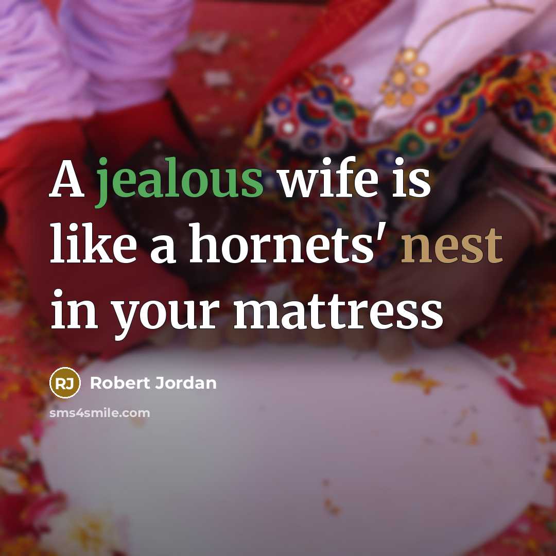 “A jealous wife is like a hornets' nest in your mattress” quote by Robert Jordan