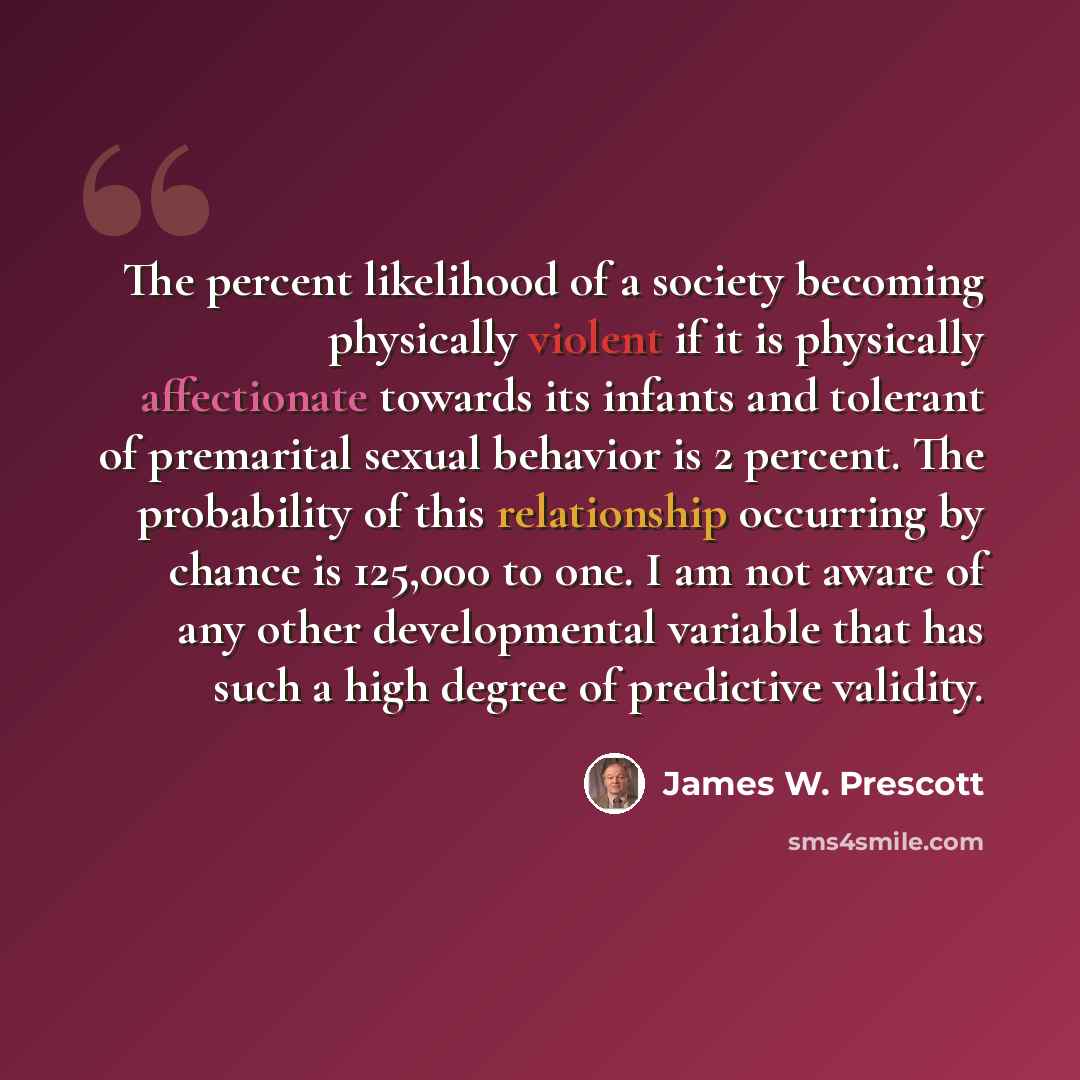 “The percent likelihood of a society becoming physically violent if it is physically affectionate towards its infants and tolerant of premarital sexual behavior is 2 percent. The probability of this relationship occurring by chance is 125,000 to one. I am not aware of any other developmental…” quote by James W. Prescott