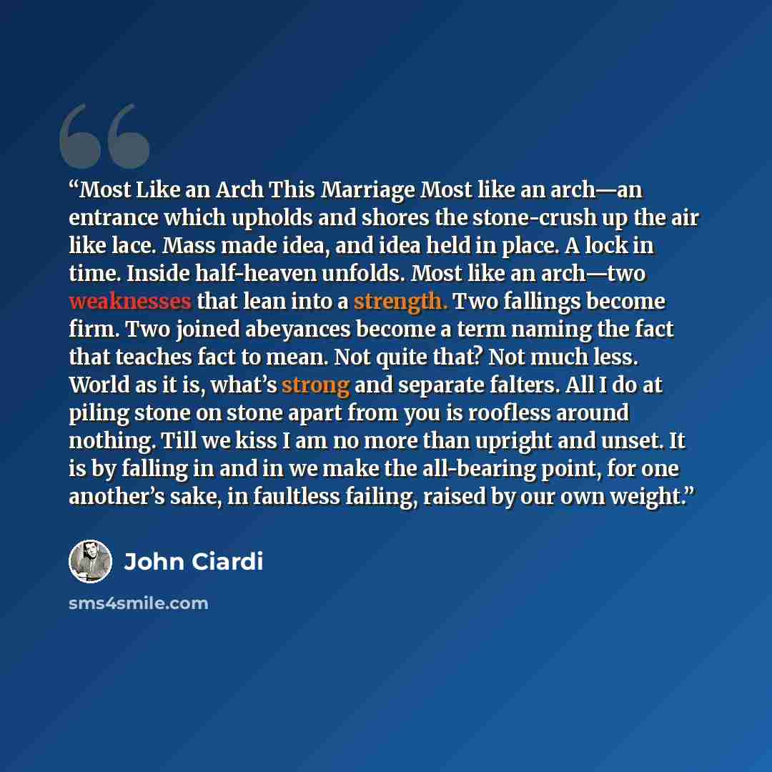 “Most Like an Arch This Marriage Most like an arch—an entrance which upholds and shores the stone-crush up the air like lace. Mass made idea, and idea held in place. A lock in time. Inside half-heaven unfolds. Most like an arch—two weaknesses that lean into a strength. Two fallings become firm. Two…” quote by John Ciardi