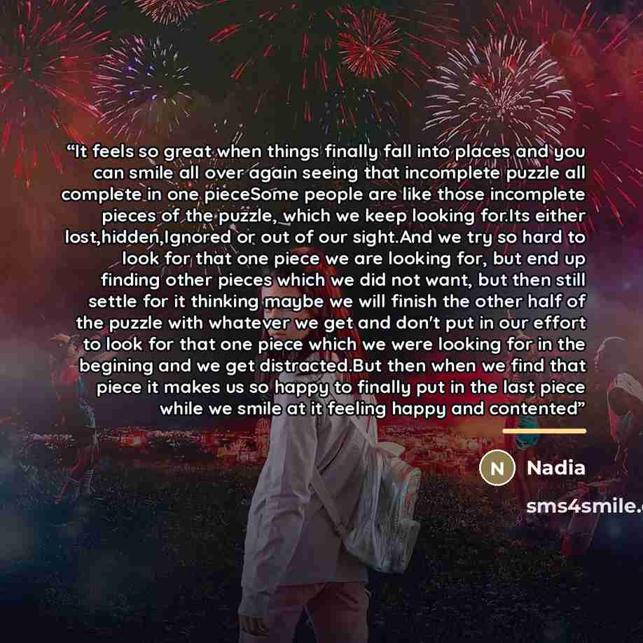 “It feels so great when things finally fall into places and you can smile all over again seeing that incomplete puzzle all complete in one pieceSome people are like those incomplete pieces of the puzzle, which we keep looking for.Its either lost,hidden,Ignored or out of our sight.And we try so hard…” quote by Nadia