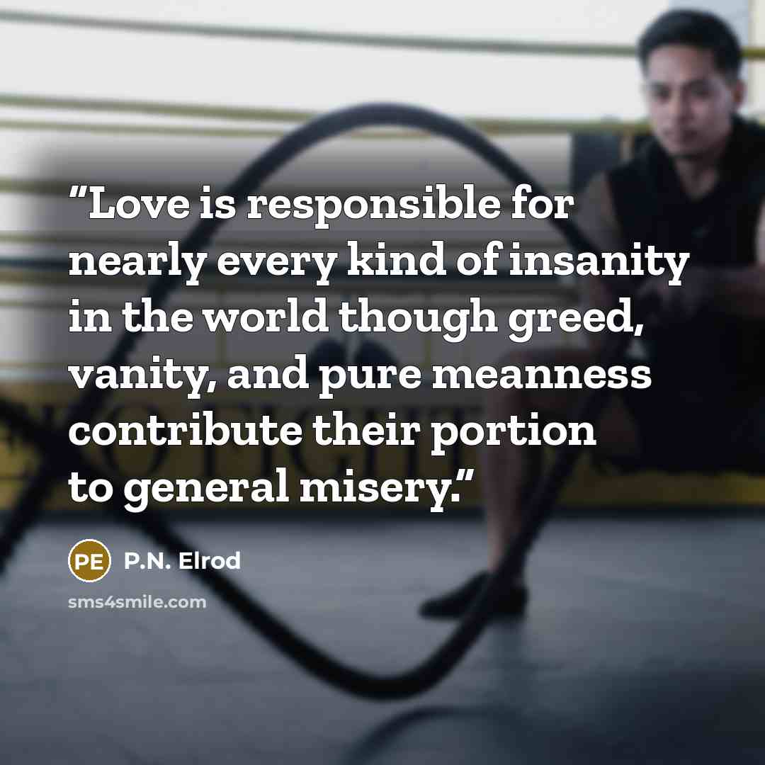 “Love is responsible for nearly every kind of insanity in the world though greed, vanity, and pure meanness contribute their portion to general misery.” quote by P.N. Elrod