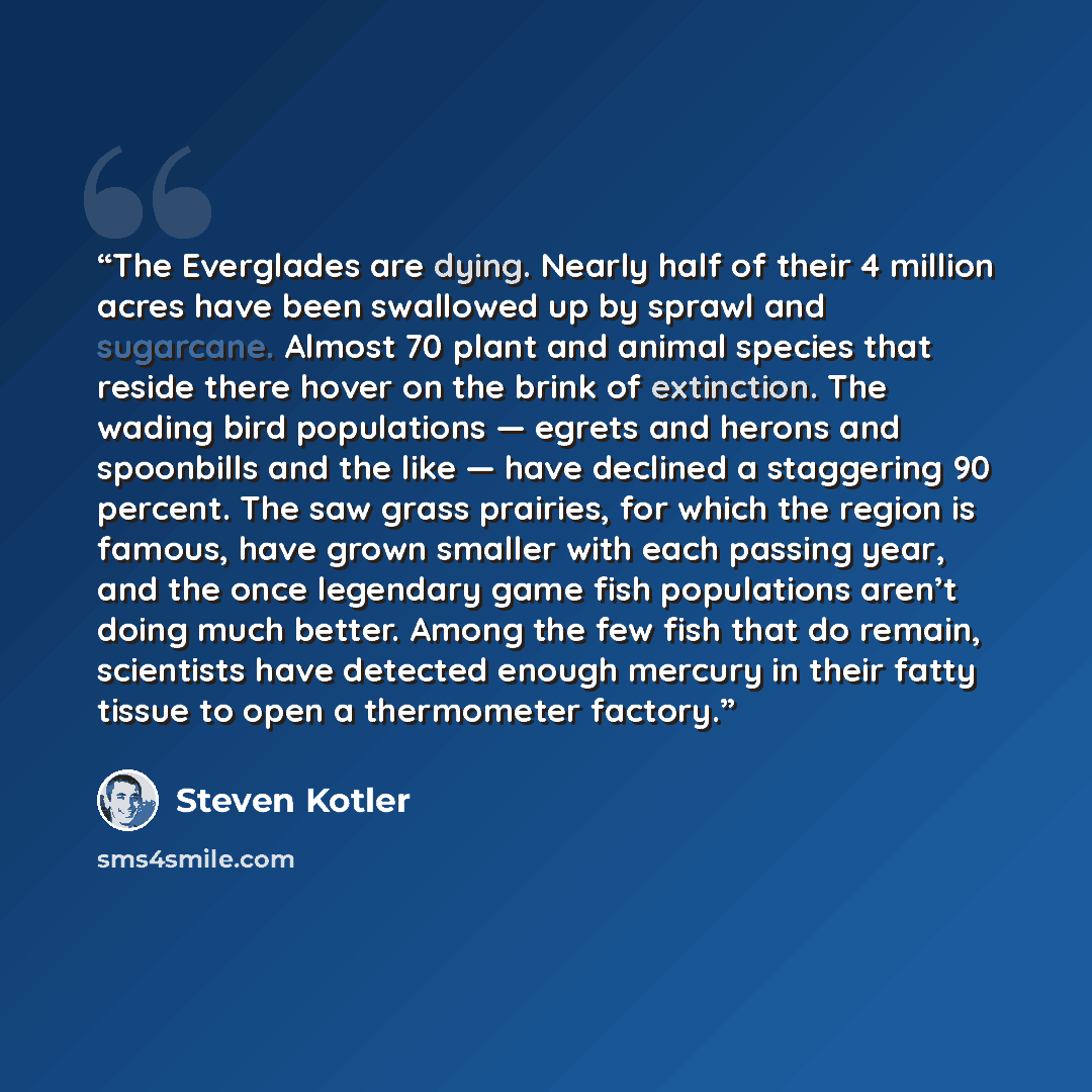 “The Everglades are dying. Nearly half of their 4 million acres have been swallowed up by sprawl and sugarcane. Almost 70 plant and animal species that reside there hover on the brink of extinction. The wading bird populations — egrets and herons and spoonbills and the like — have declined a…” quote by Steven Kotler